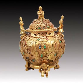 A Rare Gilt Bronze Gourd Pattern Double-Ears and Tripod Figure Censer,Inlaid Turquoise