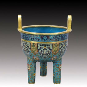 An Exquisite Cloisonne Lotus Pattern Double-Ears and Tripod Censer