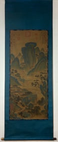 A Chinese Vertical Scroll Ink Painting of Landscape and Figure on Silk,Zhao Mengfu