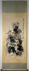 A Chinese Vertical Scroll Ink Painting of Flower and Insect on Paper,Qi Baishi