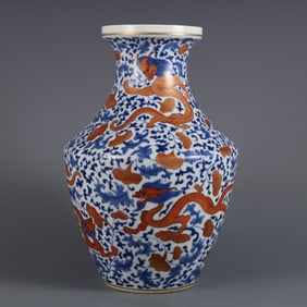 An Exquisite Blue and White Iron-Red Color Painted Gold Lotus and Dragon Pattern Vase