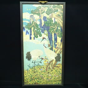 A Huge ZitanwoodInlaid Cloisonne Pine and Crane Pattern Hanging Panel