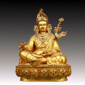 A Solemn Gilt Bronze Statue of Padma Sambhava,Inlaid Gems