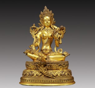 A Solemn Gilt Bronze Statue of Tara,With Inscription