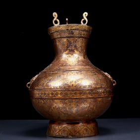 An Exquisite Bronze Inlaid Gold and Silver Auspicious Beast Pattern Double-Ears Jar