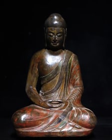 A Solemn Limestone Painted Color Statue of Sakyamuni