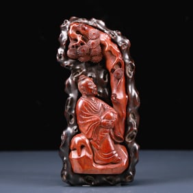 An Exquisite Zitanwood Inlaid Bamboo Landscape and Figure Pattern Ornament