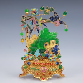An Exquisite Filigree and Gilding Inlaid Jadeite Landscape Ornament,Inlaid Gems