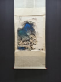 A Chinese Vertical Scroll Ink Painting of Landscape and Figure on Paper,Zhang Daqian