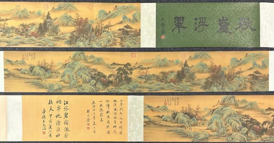 A Chinese Hand Scroll Ink Painting of Landscape and Figure on Silk,Wang Jian