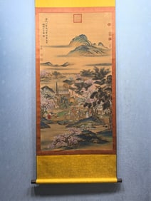 A Chinese Vertical Scroll Ink Painting of Landscape and Figure on Silk,Ju Ran