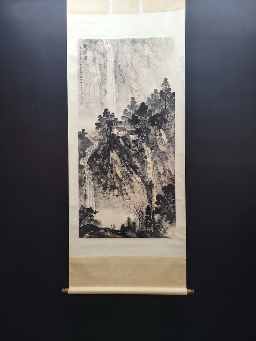 A Chinese Vertical Scroll Ink Painting of Landscape and Figure on Paper,Fu Baoshi: A Chinese Vertical Scroll Ink Painting of Landscape and Figure on Paper,Fu Baoshi,Size:(Without frame)26.6inx54.5in 一幅中国水墨山水人物