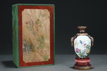 An Exquisite Black Glazed Famille-Rose Painted Gold Flower and Bird Pattern Double-Ears Vase