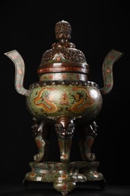 An Exquisite Cloisonne Lotus and Dragon Pattern Double-Ears and Tripod Censer,with Base