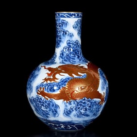 A Huge Blue and White Iron-Red Painted Gold Seawater and Dragon Pattern Vase