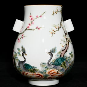 An Exquisite Famille-Rose Peacock and Flower Pattern Double-Ears Vase