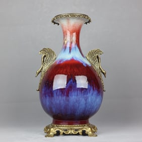 A Huge Flambe Glazed Inlaid Bronze Double-Ears Vase