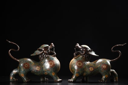 A Pair of Exquisite Cloisonne Lotus Pattern Wealth-Attracting Creature Ornaments