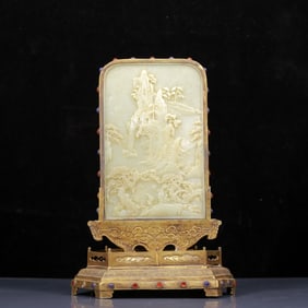 A Rare Gilt Bronze Inlaid White Jade Landscape Pattern Table Screen, Inlaid Gems