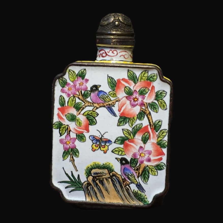 An Exquisite Painted Enamel on Copper Flower and Butterfly Pattern Snuff Bottle (1 of 9)