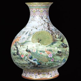 A Huge Famille-Rose Flower and Peacock Pattern Vase,with Poem
