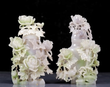 A Pair of Exquisite Jadeite Flower and Bird Pattern Bottles