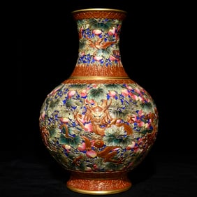 A Rare Red Lacquer Famille-Rose Dragon and Phoenix Pattern Vase