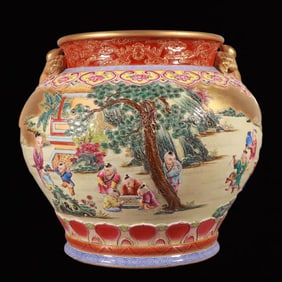 An Exquisite Enamel Gold Ground Character and Story Pattern Double-Ears Vat