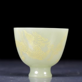 An Exquisite Greenish-White Jade Painted Gold Dragon Pattern Cup