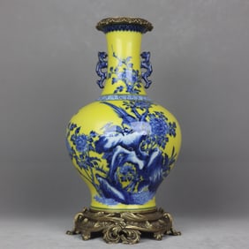An Exquisite Yellow Ground Blue and White Flower and Bird Pattern Inlaid Bronze Lion-Ears Vase