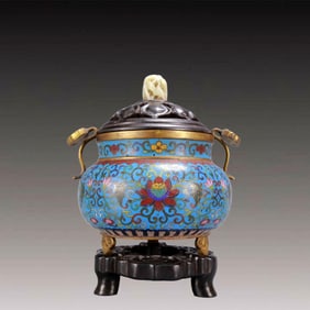 An Archaic Cloisonne Lotus Pattern Ruyi-Ears and Tripod Censer,with Zitanwood Inlaid White Jade