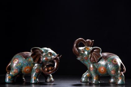A Pair of Exquisite Cloisonne Lotus Pattern Elephant Ornaments