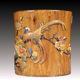 An Exquisite Boxwood Flower and Bird Pattern Brush Pot
