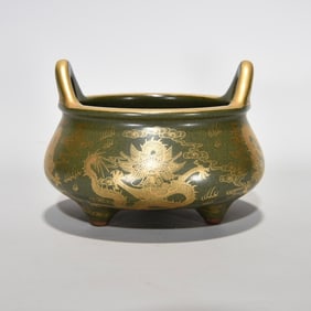 An Exquisite Teadust Glazed Auspicious Cloud and Dragon Pattern Double-Ears Censer