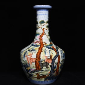 A Rare Famille-Rose Pine and Deer Pattern Vase
