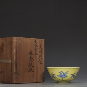 An Exquisite Yellow Ground Blue and White Flower Pattern Bowl