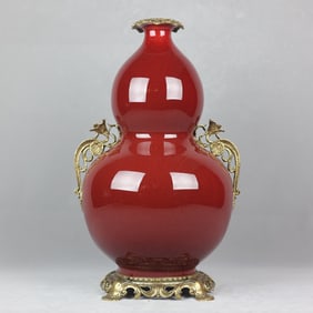 A Huge Red Glazed Inlaid Bronze Flower Double-Ears Gourd-Shaped Vase