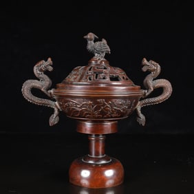 A Rare Bronze Flower and Dragon Pattern Double-Ears Censer