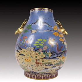 A Huge Cloisonne Landscape and Animal Pattern Deer Ears Vase