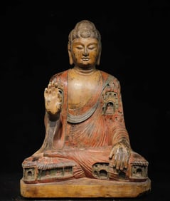A Solemn Limestone Painted Color Statue of Sakyamuni