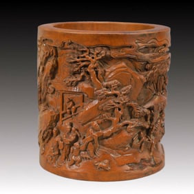An Exquisite Boxwood Character and Story Pattern Brush Pot