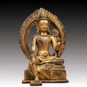 A Solemn Gilt Bronze Statue of Tara, With Inscription