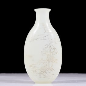 An exquisite white jade landscape vase