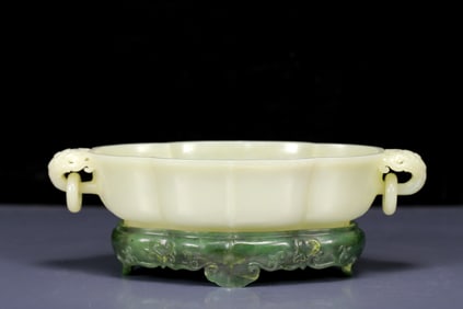 An Exquisite White Jade Double-Ears Brush Washer with Jasper Base