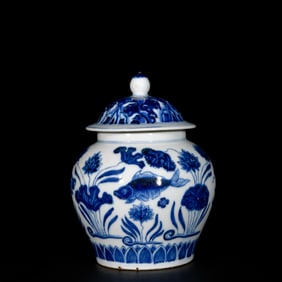 An Exquisite Blue and White Hornwort Pattern with Cover Jar