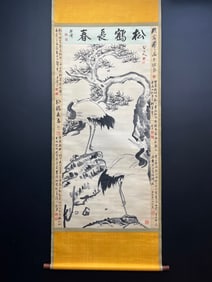 A Chinese Vertical Scroll Ink Painting of Pine and Crane on Paper
