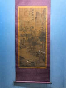A Chinese Vertical Scroll Ink Painting of Landscape and Figure on Silk