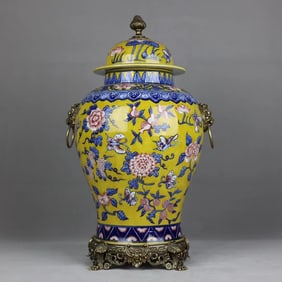 A Huge Yellow Ground Blue and White Flower and Butterfly Pattern Inlaid Bronze Lion-Ears Jar