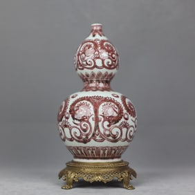 An Exquisite Underglaze-Red Flower Pattern Inlaid Bronze Gourd-Shaped Vase