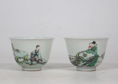 A Pair of Exquisite Wucai Figure and Story Pattern Cups